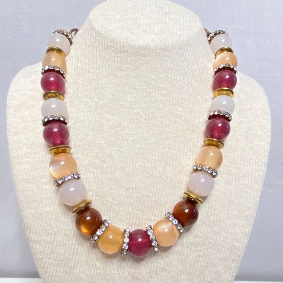 Liz Claiborne Chunky Beaded Necklace Autumn Moonstones Little Clear Rhinestones - Picture 1 of 9